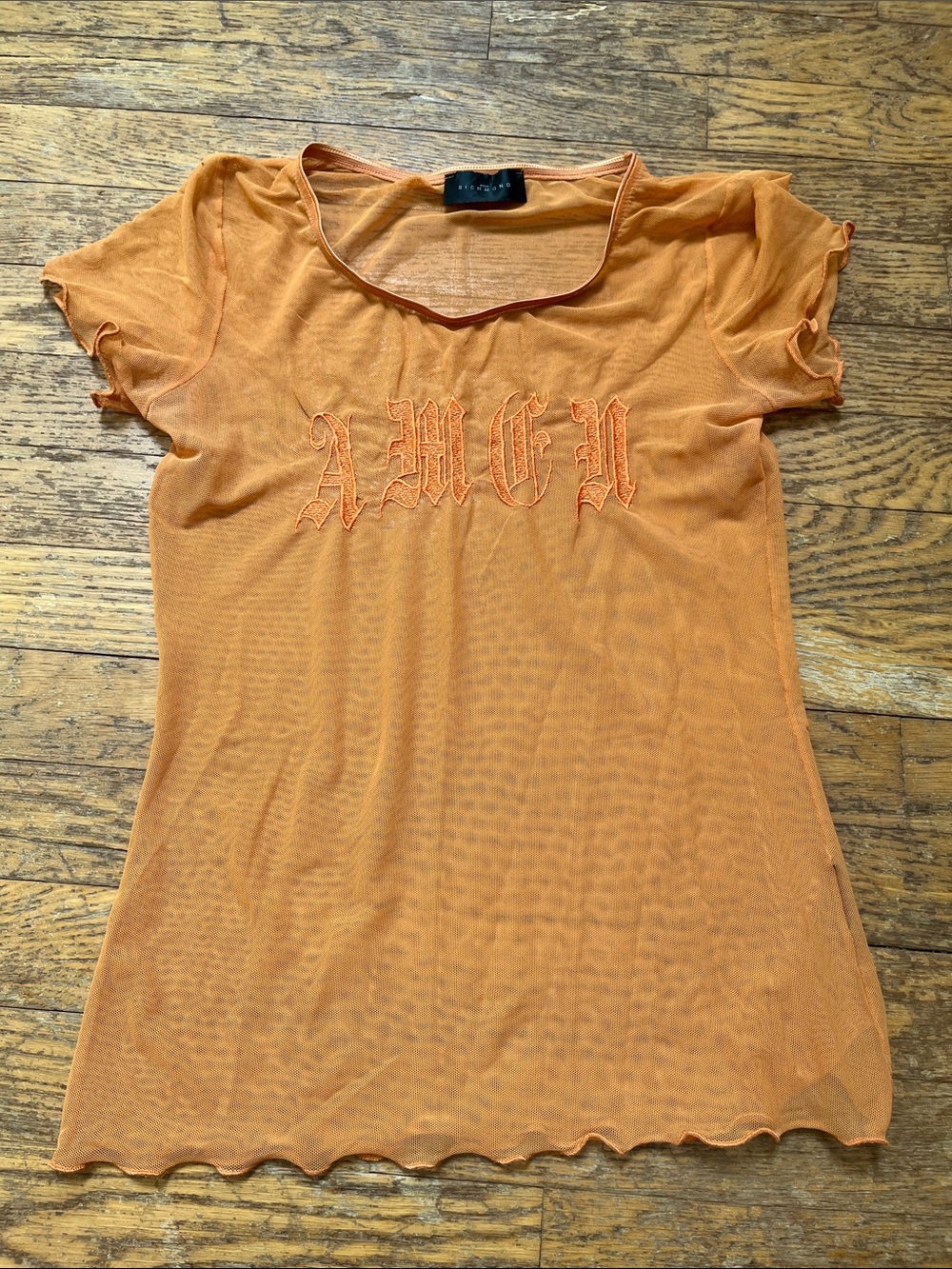 John Richmond Vintage Amen Orange Mesh Short Sleeve Top with Embroidered Front